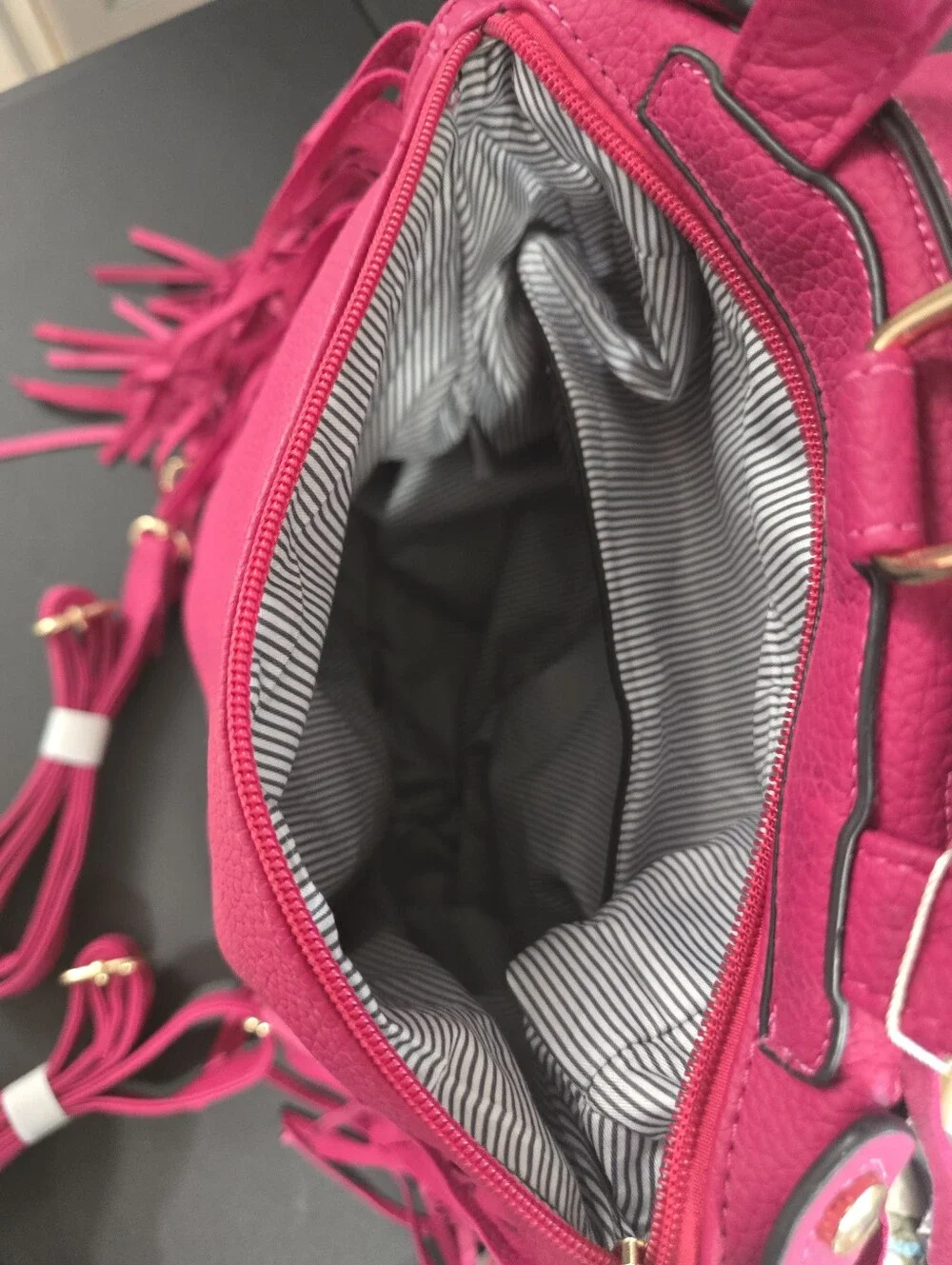 New LE Miel Vegan Hot Pink Fringe Moto Backpack Bag with Gold Hardware